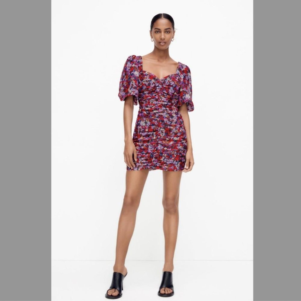 Zara FLORAL PRINTED MINI RUCHED PUFFY SLEEVE DRESS (nwt) Size S